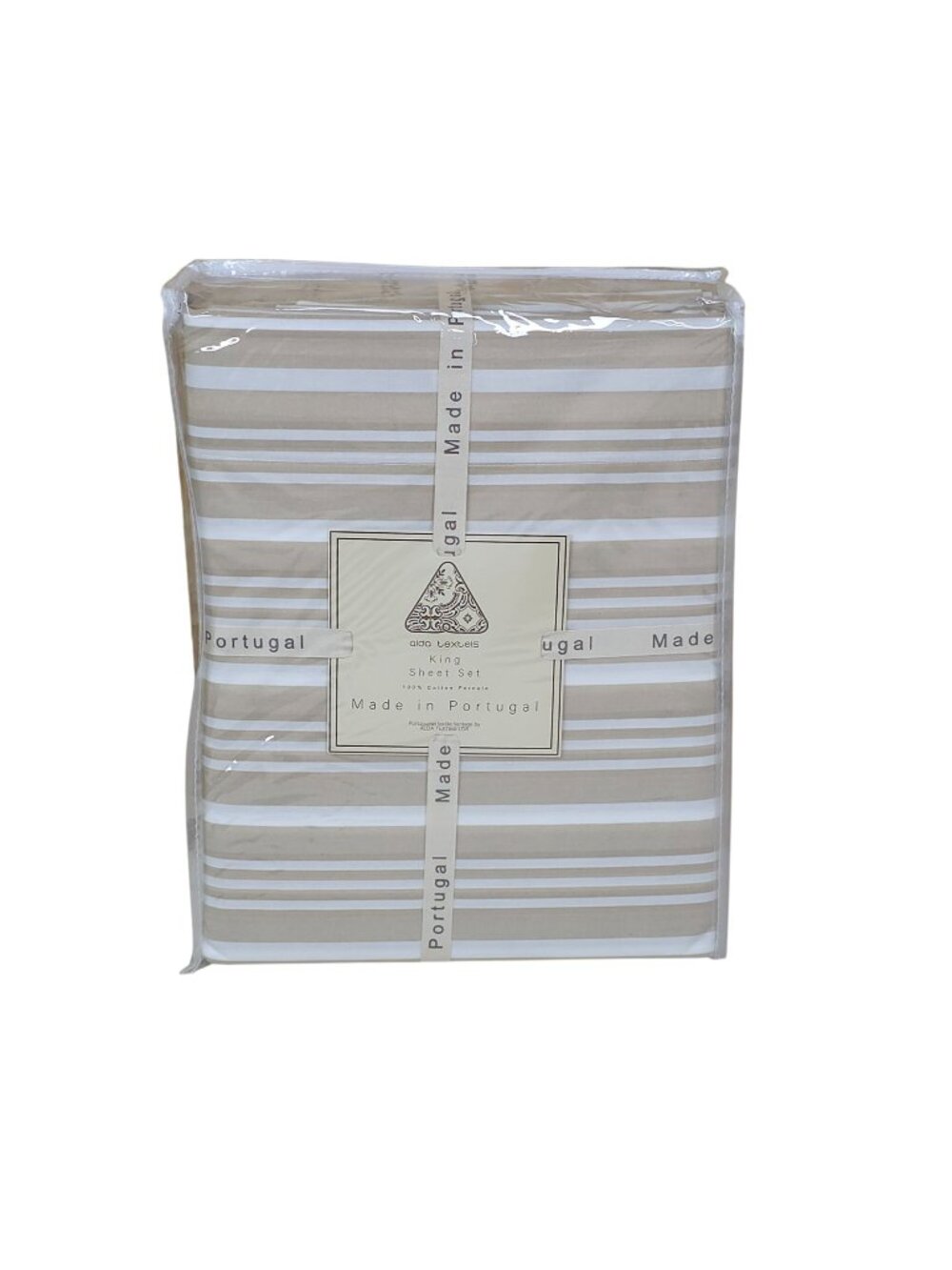 Alda Texteis  Portugal King Sheet Set 100% Cotton Percale Beige & White Stripes